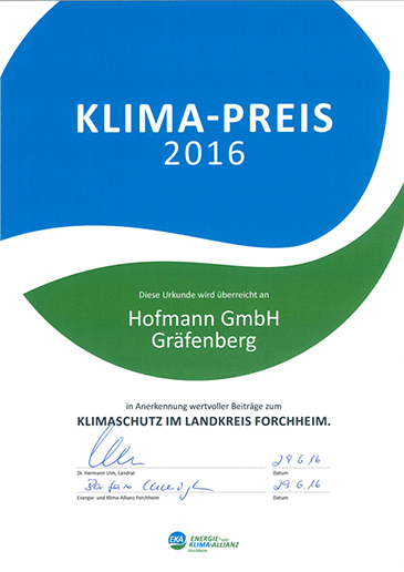 Klimapreis 2016 · Hofmann GmbH · Andreas Hofmann · Landrat Dr. Hermann