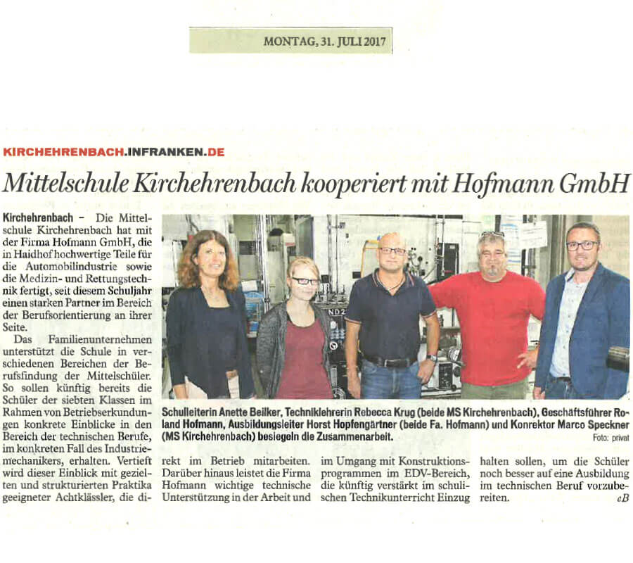 Pressemeldung Hofmann Kooperation Mittelschule Kirchehrenbach