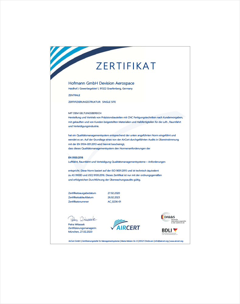 Hofmann · Excellence in CNC · EN 9100 Zertifikat
